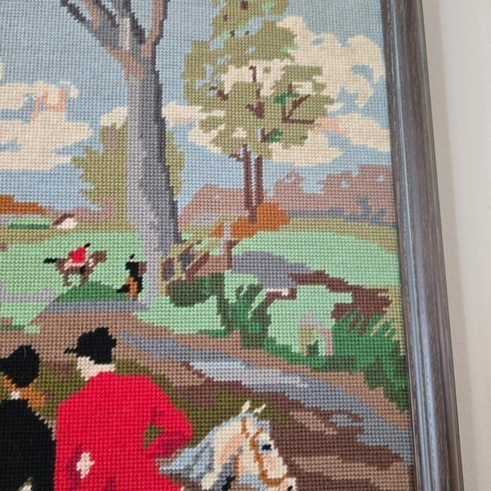 Vintage Framed Needlepoint Fox Hunt Equestrian Scene Wall Art Tapestry Decor - Picture 6 of 13